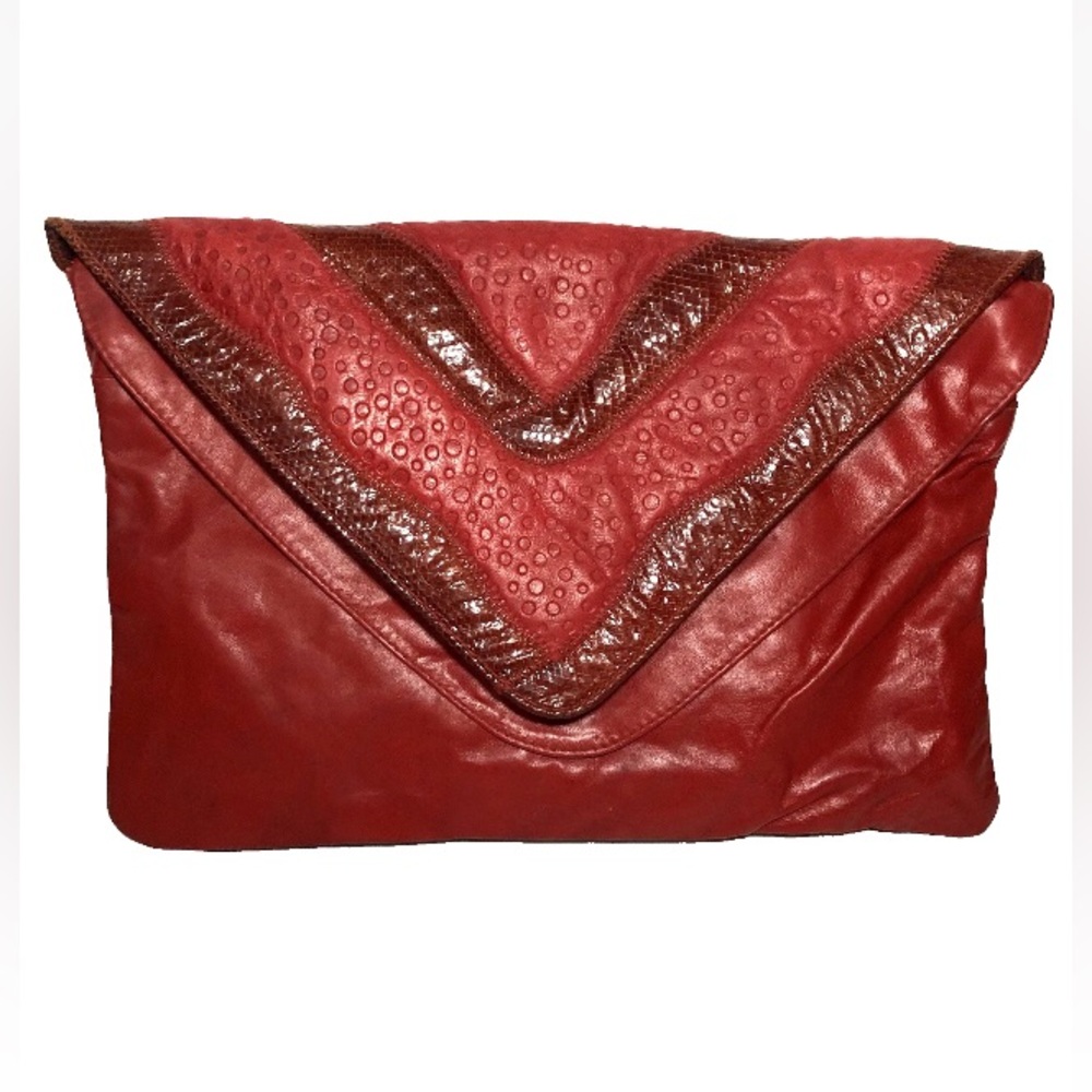 Vintage Red  Leather Clutch Purse by REEM 1980s Made in USA